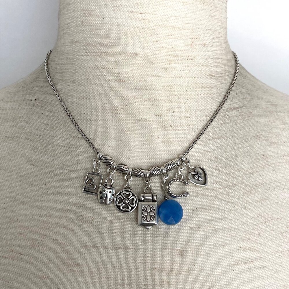 Brighton Silver Plated Fortune Charm Necklace 18" Wheat Chain Locket Clover